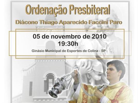 DIÁCONO THIAGO SERÁ ORDENADO PRESBÍTERO EM COLINA