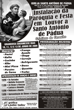 PROGRAMAÇÃO DA INSTALAÇÃO DA PARÓQUIA SANTO ANTÔNIO DE PÁDUA EM BARRETOS